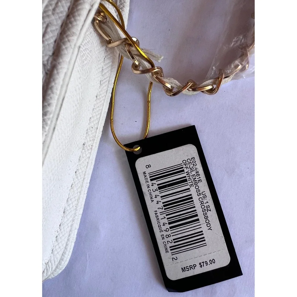 Bebe Los Angeles Crossbody Bag, Embossed Logo Pattern Chain Strap Off White‎ NWT